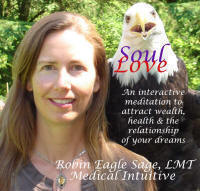Woman with eagle, text about meditation program.